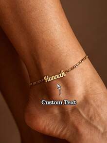 1pc Customized Cursive Name Anklet, Personalized 18K Gold Plated Stainless Steel Figaro Chain Delicate Summer Foot Jewelry Women Gift - Gold - View 2