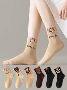 ZUJO 4 Pasang Kaos Kaki Anak Perempuan Motif 3D Berbulu Lucu, Panjang Setengah Betis, Motif Bunga, Huruf, Kartun Beruang, Lembut dan Bernapas, Cocok untuk Pemakaian Sehari-hari di Musim Semi, Gugur, dan Musim Dingin (5-15℃) - MultiWarna - View 4