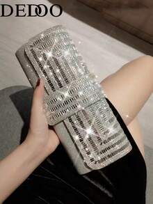Dedoo Shiny Sequin Eye-Catching Elegant Exquisite Rhinestone Decorated Envelope Clutch, ABS Material, Perfect Bridal Handbag, Suitable For Weddings, Balls And Evening Events - Silver - View 8