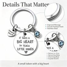 Stainless Steel Teacher Appreciation Keychain, Engraved [It Takes A Big Heart To Shape Little Minds]Key Ring, Heart-Shaped Rhinestone Pendant Key Chain, Teacher's Day, Back To School, Birthday Gift, Student Appreciation Gift For Preschool/Kindergarten Teachers - Blue - View 2