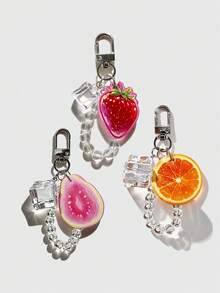 1pc Creative Ice Cube Papaya Fruit Keychain Strawberry Crystal Beaded Phone Pendant Small Gift Bag Accessory Charm - Multicolor - View 1