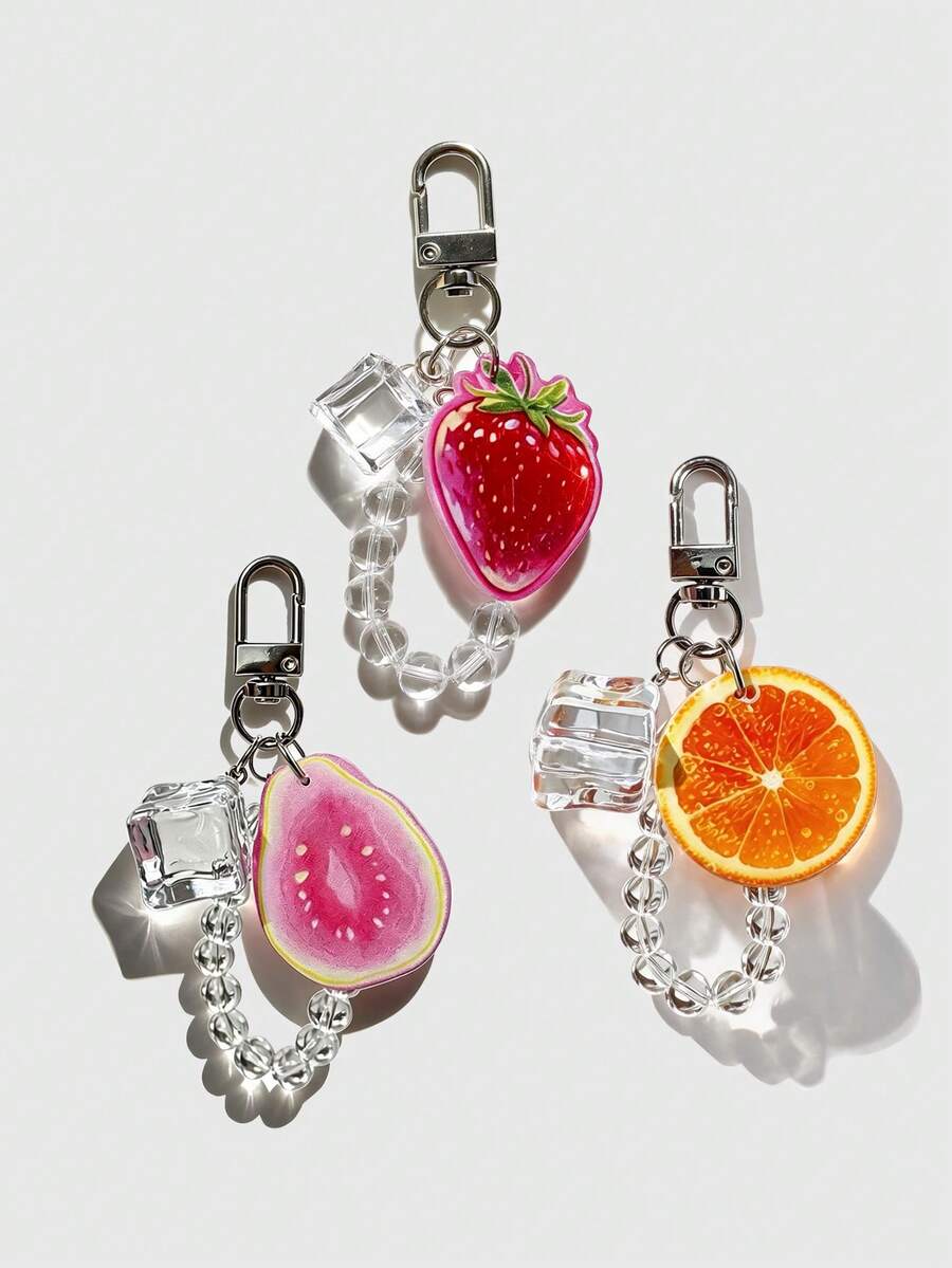 1pc Creative Ice Cube Papaya Fruit Keychain Strawberry Crystal Beaded Phone Pendant Small Gift Bag Accessory Charm - Multicolor - View 1