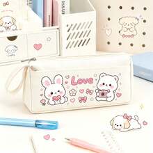 Cute Cartoon Rabbit & Bear Canvas Pencil Case, Heart Pattern Large Capacity Pencil Pouch, Perfect Back To School Gift For Kids, First Day Of School - Multicolor - View 4