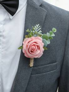 1pc/6pcs Pink Princess Rose Corsage With White Baby's Breath And Artificial Greenery, Romantic Men's Boutonniere, Suitable For Wedding Decor, Party, Daily Wear, Valentine's Day Accessory - Flesh Pink - View 6