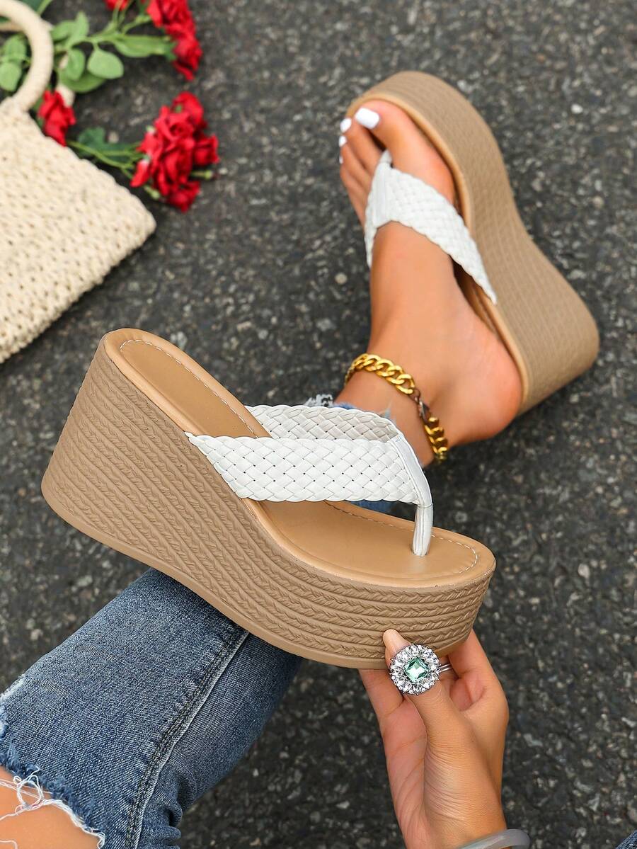 Platform Wedge Back Strap Sandals, Versatile Elevated Women Footwear - White - View 1