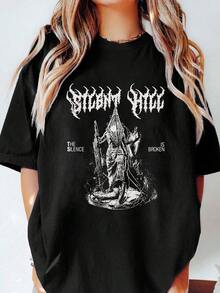 Women's Summer Plus Size Retro Silent Hill Pattern Printing Casual Simple Loose Daily Round Neck Short Sleeve T-Shirt Tops Black - Black - View 2