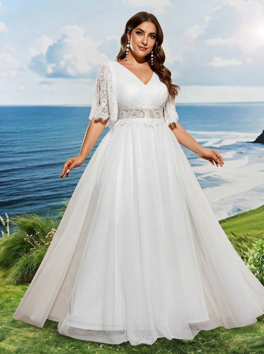 Elasola 大尺碼女款對比色蕾絲心形領婚紗禮服,純白色優雅派對長裙 - 白色 - 查看 1