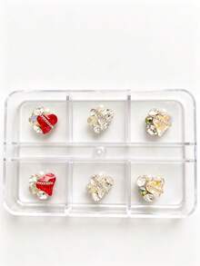 1 Box 6 Fächer 3D Herz Strass Nagelcharms mit Perle & Metallkette, mehrfarbige Kristallcluster Nagelkunst Dekorationen Luxus DIY Maniküre Zubehör für Acryl Press-on Nägel - Verschiedenfarbig - Übersicht 4
