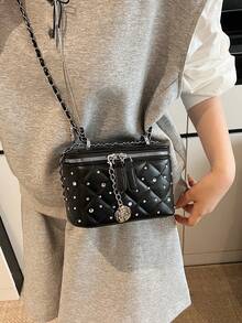 1pc Solid Color Small Square Handbag, Fashionable Box Bag, PU Leather Material, Pearl Decoration, Daily Use Bag, Office, Phone & Lipstick Storage Bag, Suitable For Women, College Students, Office, University, Work, Business, Commute - Black - View 6
