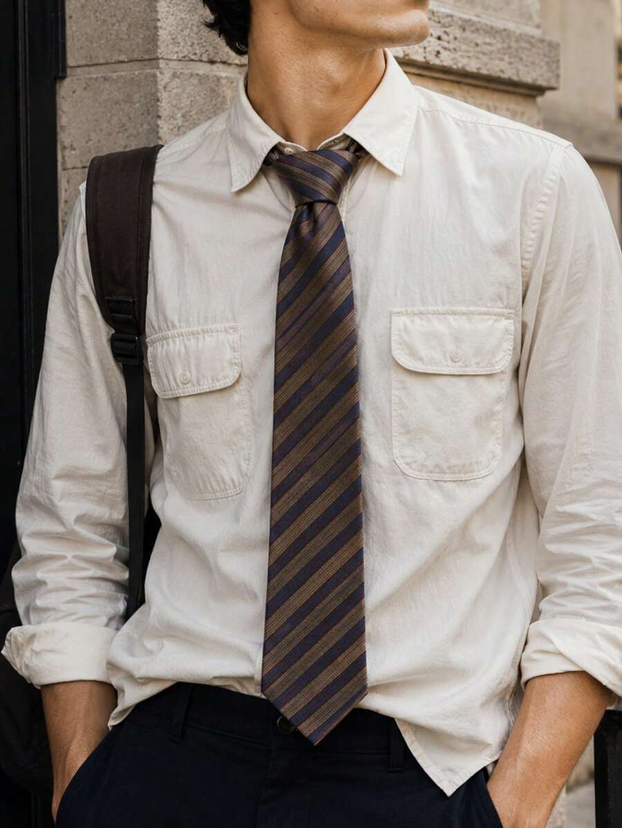 1件男士棕藍混色細斜紋紋理手工打結領帶,適合商務通勤西裝正式穿著 - 彩色 - 查看 1