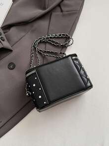1pc Solid Color Small Square Handbag, Fashionable Box Bag, PU Leather Material, Pearl Decoration, Daily Use Bag, Office, Phone & Lipstick Storage Bag, Suitable For Women, College Students, Office, University, Work, Business, Commute - Black - View 10