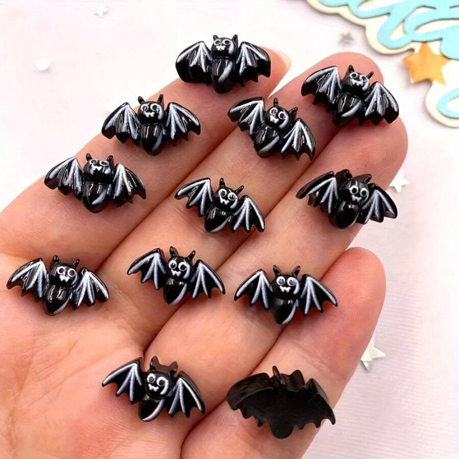 2D Flat 10pcs Mini Black Bat Decorations - Colorful Resin Material, Flat Back Design, Suitable For DIY Scrapbooking And Halloween Nail Art Decoration, Perfect For Halloween Decor - A - View 1
