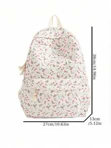 1pc White Nylon Floral Print Double Zipper Large Capacity Fashion Versatile Backpack, Student Bag - White - View 11