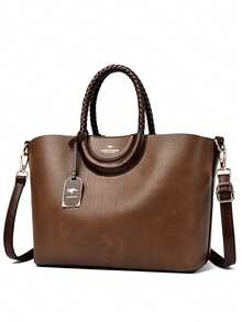 Fashionable Women's PU Leather Large Capacity Tote Bag, Solid Color Shoulder & Crossbody Bag, Suitable For Commute And Party - Brown - View 5