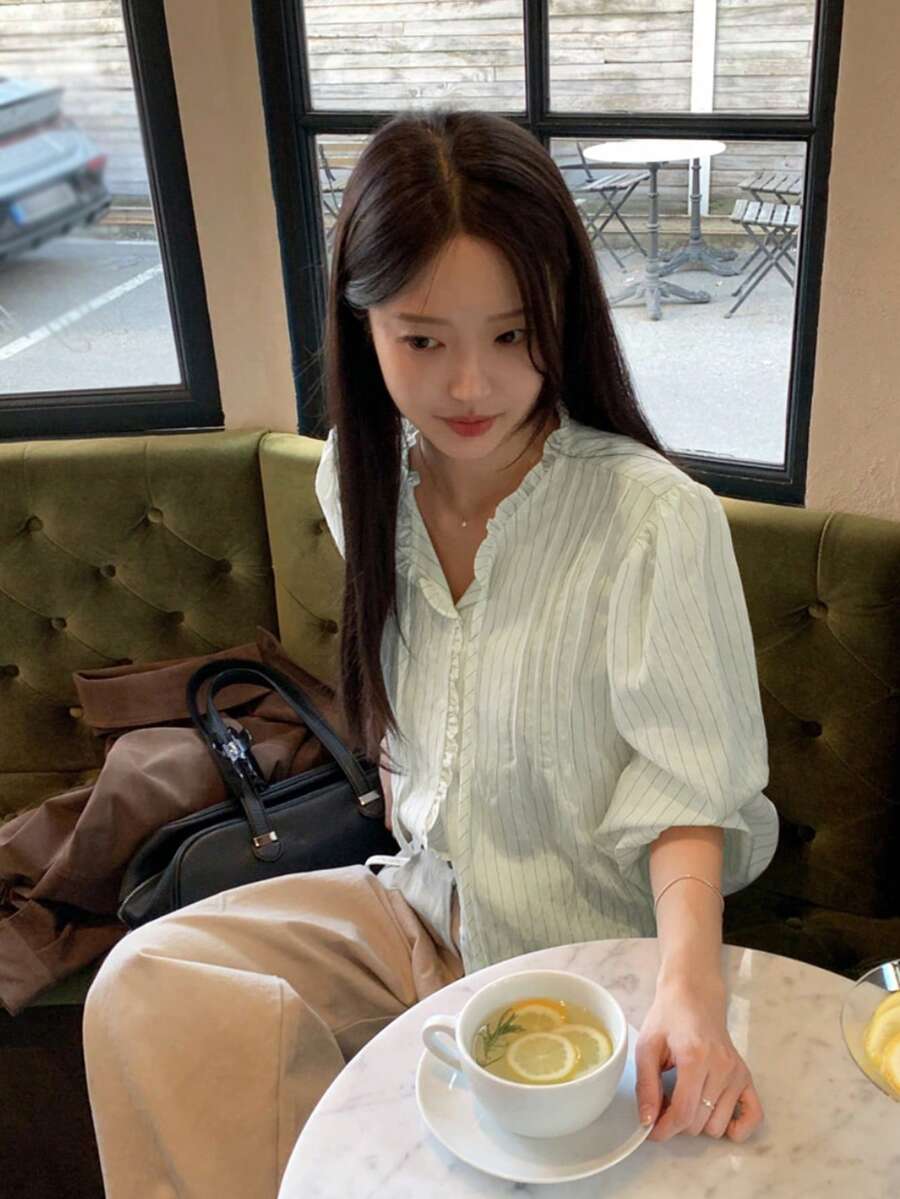 Korean Chic Spring New Vertical Stripe Ruffle Sweet Elegant Blouse - Apricot - View 1