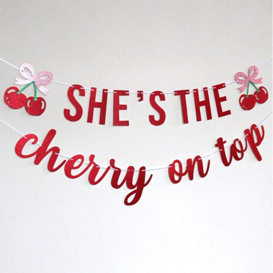 1 Set "She's The Best" Banner Decoration, Red Cherry And Pink Bow, Cute Cherry Theme Birthday Party Baby Shower Backdrop Decor - Red - View 1