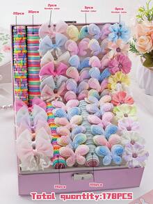 178pcs Macaron Sweet Dreamy Girly Hair Accessories Set, Includes Tulle Lace Bow Hair Clips, Glitter Double-Layer Butterfly Hair Clips, Faux Multi-Layer Flower Hair Clips, Suitable For Daily Wear, Spring Outing, Parties - Multicolor - View 2