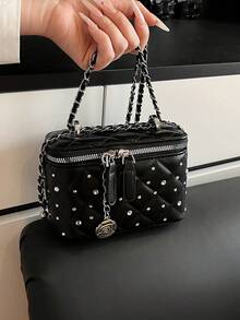 1pc Solid Color Small Square Handbag, Fashionable Box Bag, PU Leather Material, Pearl Decoration, Daily Use Bag, Office, Phone & Lipstick Storage Bag, Suitable For Women, College Students, Office, University, Work, Business, Commute - Black - View 5