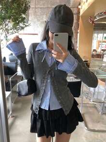 Women's 2 In 1 Cardigan, Plaid Patchwork, Tie Front And Long Sleeves - Grey - View 6