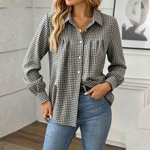 Women's Black And White Plaid Long Sleeve Collared Button-Down Shirt, Regular Fit Polyester Shirt, Suitable For Autumn Wear, Regular Sleeve Top - Black - View 2