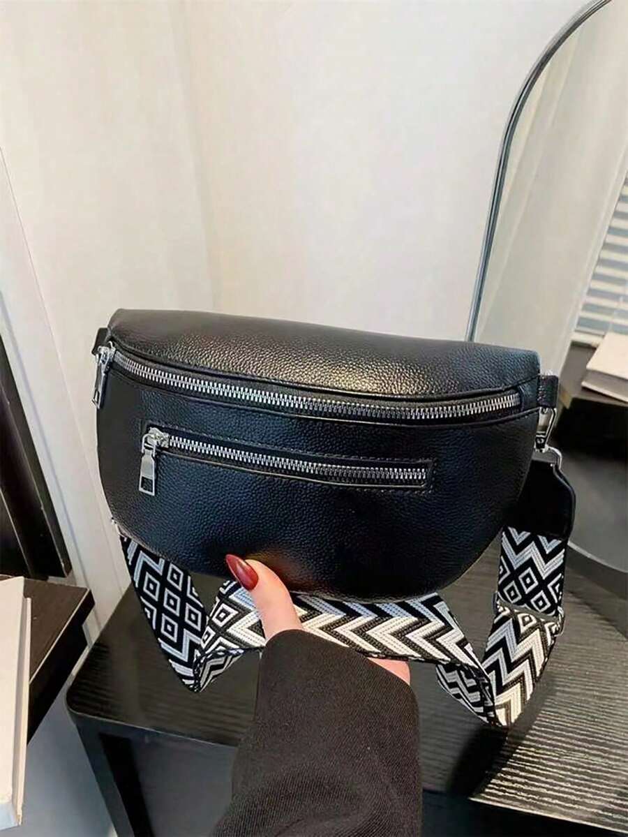 女款 PU 斜挎腰包,新款休閒小肩背包,純色極簡百搭胸包,方便外出,個性化 - 黑色 - 查看 1
