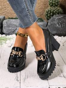 2026 Spring/Autumn New Women's High Heel Slip-On Pumps With Thick Heel, Fashion Buckle Work Shoes - Black - View 4