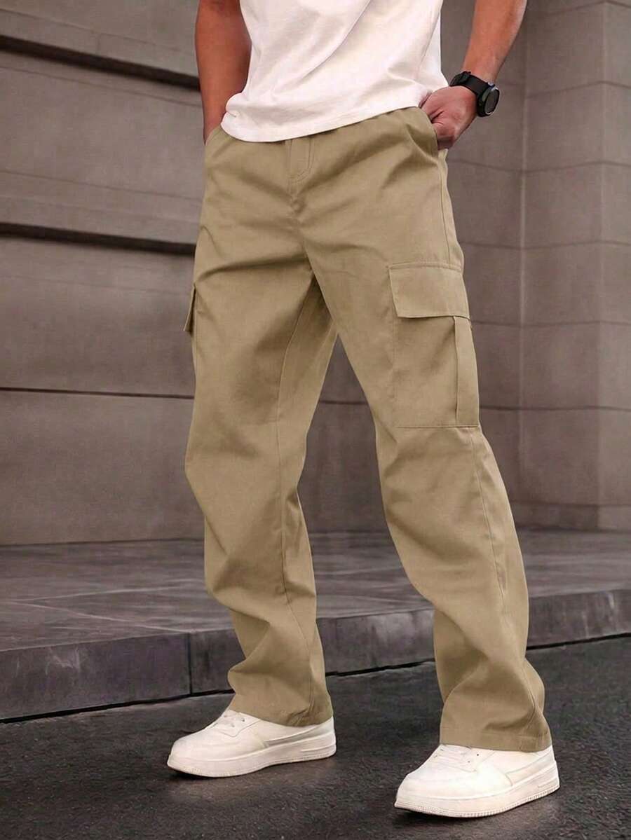 1pc Teen Boy Minimalist Casual Versatile Workout Outdoor Side Pockets Multi-Pockets Straight Leg Pants Spring Summer Autumn Back To School - Khaki - View 1