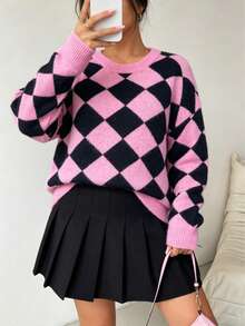 Große Größen Rosa & Schwarz Argyle Muster Rundhals Langarm Pullover für Frauen, perfekt für Winter & Preppy Stil Urlaub Herbst - Verschiedenfarbig - Übersicht 1