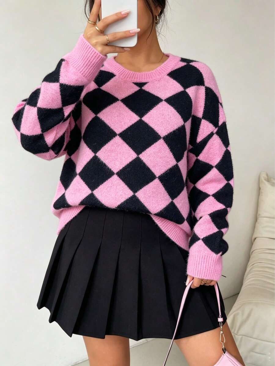 Große Größen Rosa & Schwarz Argyle Muster Rundhals Langarm Pullover für Frauen, perfekt für Winter & Preppy Stil Urlaub Herbst - Verschiedenfarbig - Übersicht 1