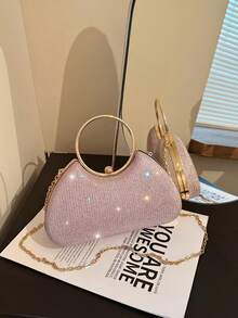 Metallische Glitzer Abend-Clutch mit rundem Griff, formelle Kleider-Handtasche, kleine Party-Bankett-Umhängetasche mit Metallkette - Pink - Übersicht 8