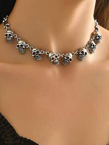 1pc Punk Skull Chain Necklace Exaggerated Collarbone Chain Dark Style Halloween Jewelry Accessory For Men And Women - Silver - View 2