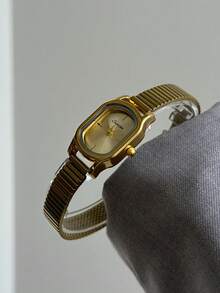1 pieza Reloj de cuarzo con patrón de bambú cuadrado en oro/plata, adecuado para uso diario, regalo de cumpleaños, Navidad - Dorado - Ver 3