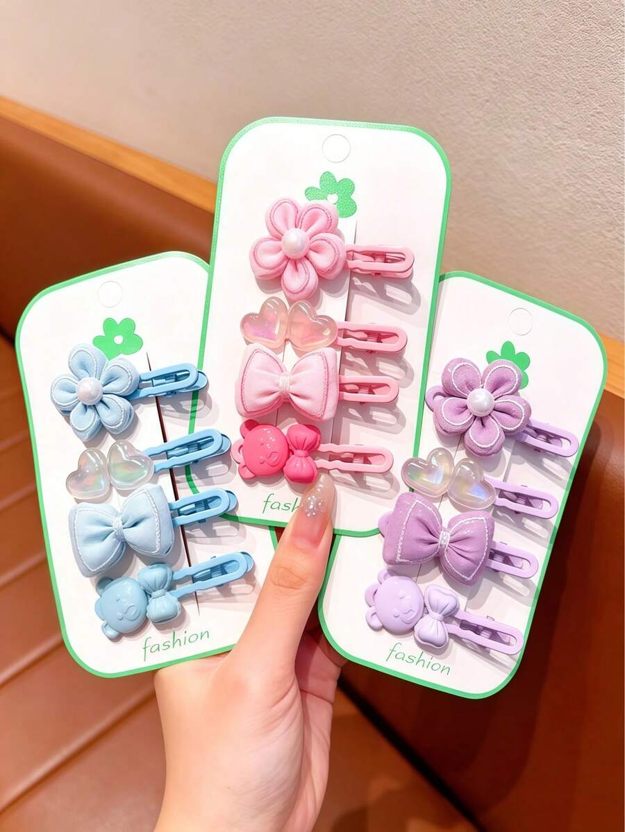4Pcs Cute Girls Hair Clips Set Velvet Flower Bow Bear Barrettes Sweet Daily Hair Decor Accessories - Multicolor - View 1