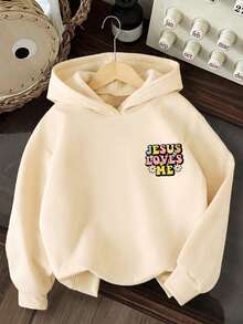 Young Girl Cartoon Letter Print Hooded Sweatshirt Long Sleeve - Apricot - View 2