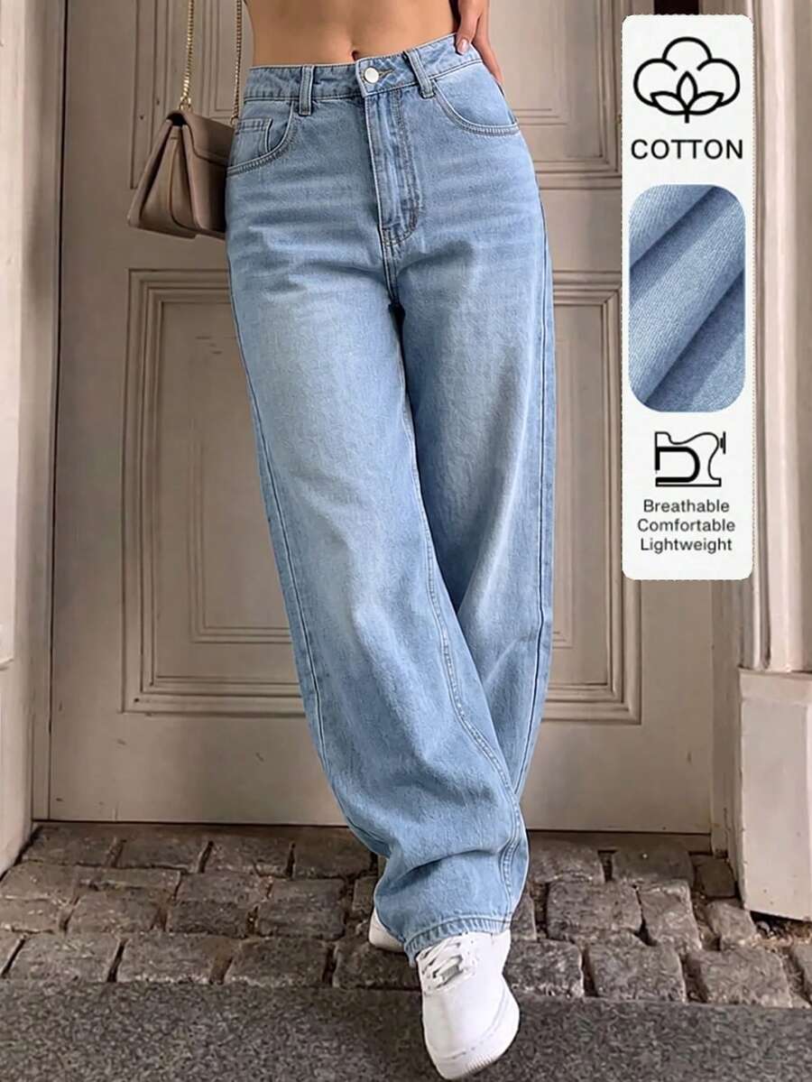 Jeans casuales y versátiles de unicolor, de corte y delgado con bolsillo, para primavera - Azul lavado medio - Ver 1