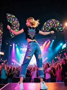 Large Foldable Handheld Rave Fan, Y2K Folding Fan, Suitable For Line Dancing, Music Festivals, Carnivals, Rainbow Outfits, Disco, Neon Party Decor, Mushroom Pattern, Dance Performance Decoration Gift - View 6