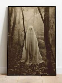 1pc Framed Canvas Wall Art, Vintage Brown Tone Misty Forest Ghost Canvas Decor, Dark Gothic Horror Halloween Retro Photo Print Framed Wall Hanging, Suitable For Modern Home Decor, Room Decoration - Forest Ghost - View 2