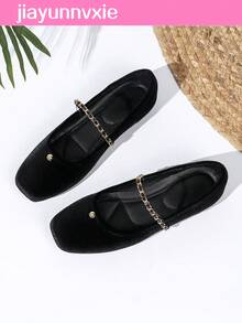 JiaYunNvXie 2025 Spring New French Soft Square Toe Mary Jane Flats, Black - Black - View 1