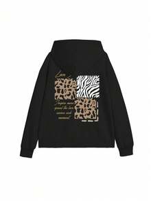 Women's Hooded Sweatshirt, Autumn/Winter New Letter Print, Drawstring Design, With Pockets, Casual Versatile Loose Top, Fashionable Daily Wear - Black - View 3