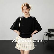 Commuter Versatile Round Neck Pleated Batwing Sleeve Knit Sweater Solid Color Woven Knit Top Home Daily Date Summer - Black - View 2