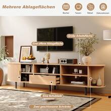 Modern TV Unit Measuring 175x40x55cm, Low Cabinet Type, With Rounded Design And Roll-Up Door, Made Of MDF, Load Capacity Up To 50 Kg, With Drawer And Open Compartments For Living Room, Natural Wood Color. - Natural Color - View 4