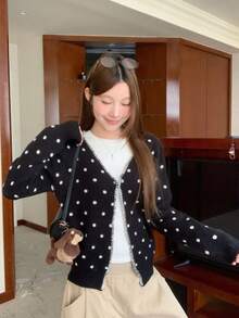 Fashionable Cute Polka Dot Long Sleeve Knit Cardigan - Black - View 9