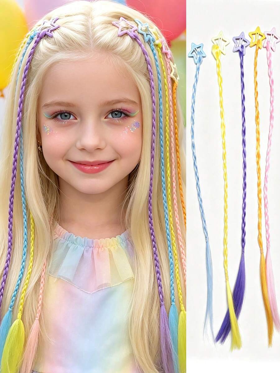 Girls Hair Accessories Children's Colorful Braiding Set Rainbow Synthetic Hair Clips Lucky Five-Pointed Star Hair Clip Combination Set, Halloween - Multicolor - View 1