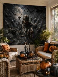 1pc Halloween Skeleton Swarm Backdrop, Full Moon, Flying Bats, Glowing Eyes And Reaching Bone Hand Print Polyester Rectangular Background Cloth With 4 Grommets For Porch, Photo Booth, Haunted House, Horror Party And Fall Decor - Multicolor - View 8