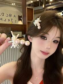 2件組奢華珍珠蝴蝶結金屬鱷魚夾髮夾，可愛甜美風女性側邊髮夾 - 彩色 - 查看 6