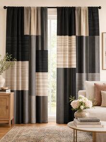 2pcs Modern Geometric Plaid Print Decorative Curtains, No-Drill Rod Pocket Design, Easy Installation And Removable, Polyester Material, Suitable For Living Room, Bedroom And Nordic Home Decor - Multicolor - View 1