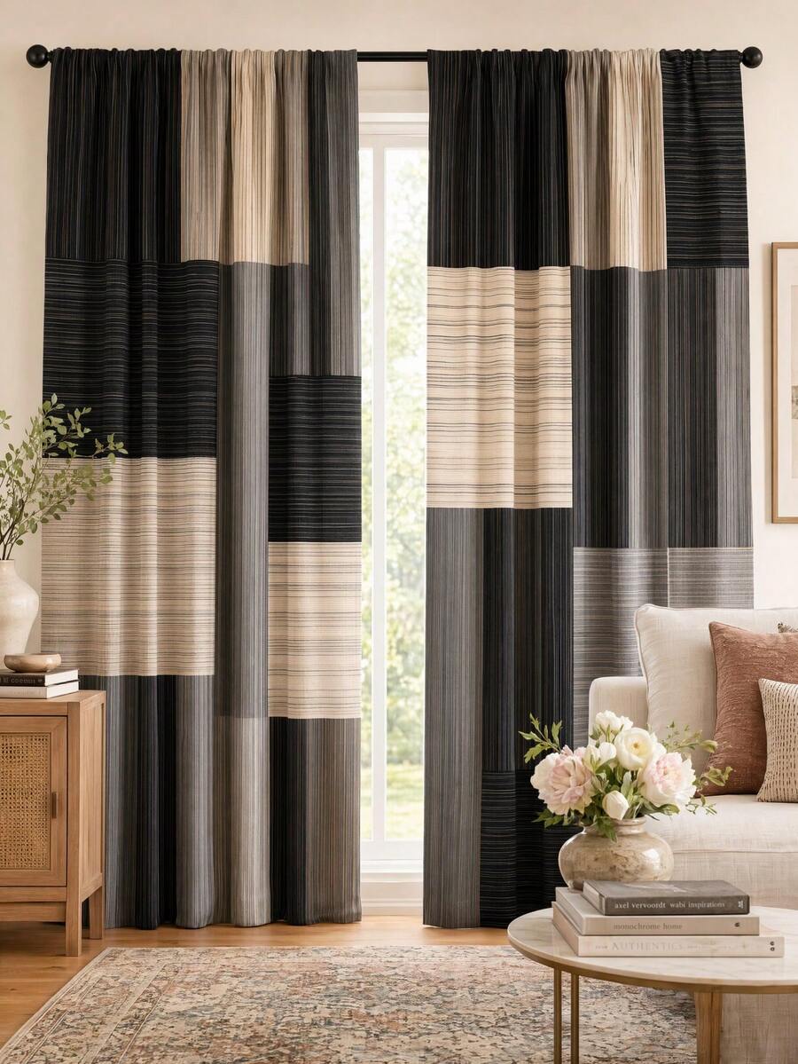 2pcs Modern Geometric Plaid Print Decorative Curtains, No-Drill Rod Pocket Design, Easy Installation And Removable, Polyester Material, Suitable For Living Room, Bedroom And Nordic Home Decor - Multicolor - View 1