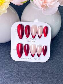 10 Pieces Of Handmade Press On Nails,Nails,Fake Nails,Summer Nails,Red Cat Eye Nails,With Burgundy Red Gradient V-Tips Or Hand Paint Red Flower,With A Row Of Shiny Clear Rhinestones,Perfect For Daily Wear,Dates And Party Holiday Occasions. - Red - View 13