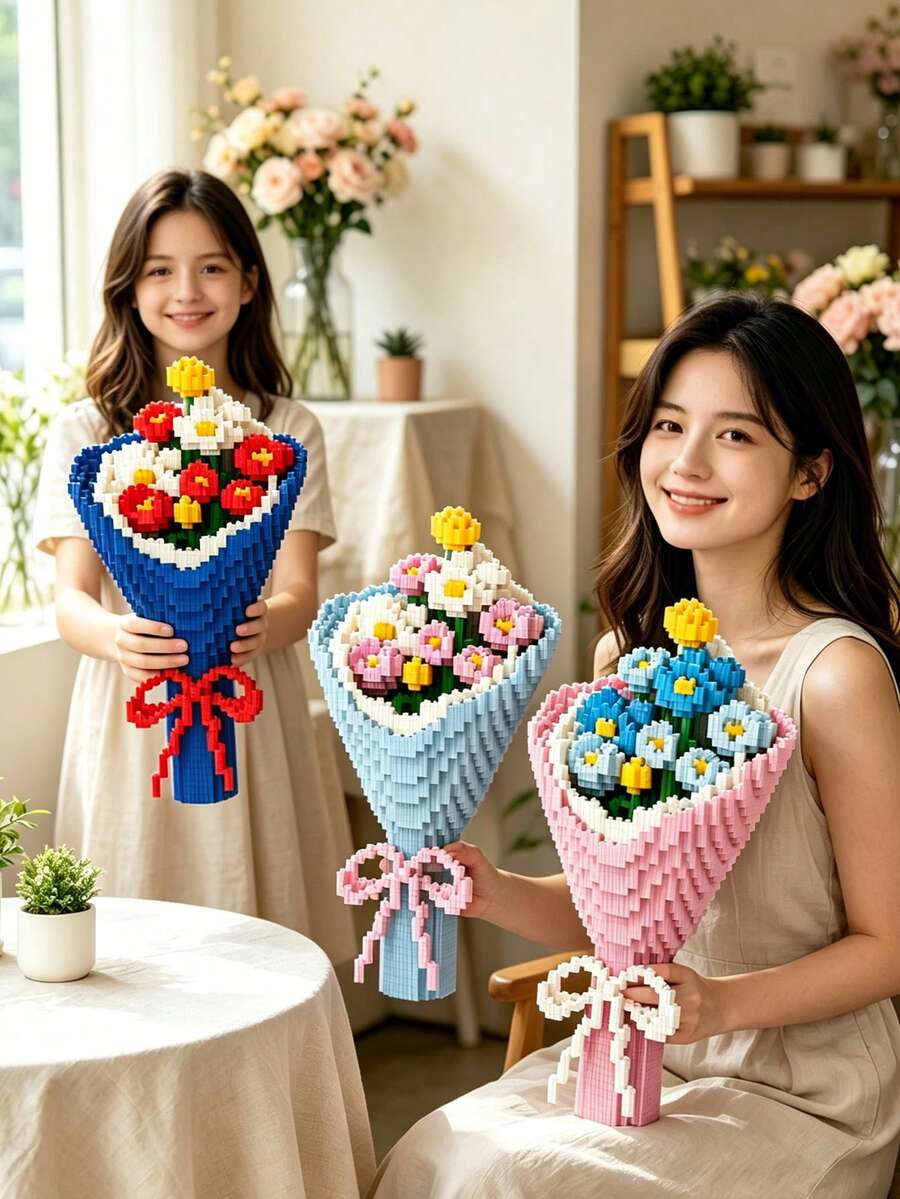 4100片鬱金香花束積木，雛菊永生花組裝玩具，創意DIY家居裝飾，適合聖誕節、開學季、畢業季、萬聖節、情人節與生日禮物