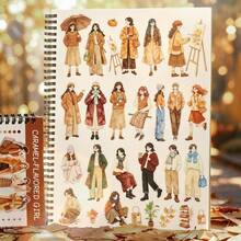 JotBox Caramel Girl Hand-Drawn Character Coil Sticker Book, Vintage Die-Cut Large Quantity Autumn Outfit Planner Scene Decorative Stickers School Supplies - Caramel Girl Character Sticker Book - View 2